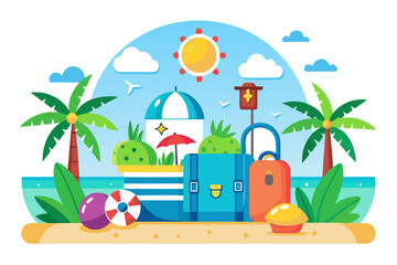 Tropical Beach Vacation Scene with Luggage and Palm Trees