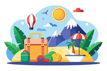 Summer Travel Illustration with Luggage, Hot Air Balloon, and Beach Scene