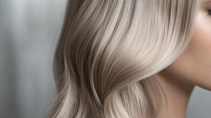 Fototapeta premium Silky, wavy blonde locks cascade gently over the shoulder, illuminated by soft, natural light, highlighting the hair's shine and texture.