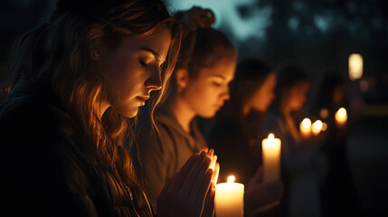 Group at candlelight vigil holding candles with heads bowed in prayer