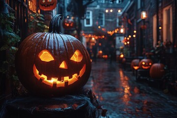 A darkened street with eerie decorations and glowing pumpkins, setting a spooky scene for Halloween...