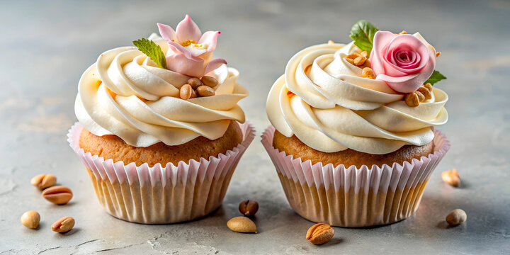Delicious cupcakes topped with smooth cream frosting and decorated with floral elements and nuts. Perfect for celebrations, dessert themes, or baking concepts.
