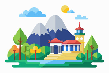 Flat Design Illustration of a Building with a Mountainous Landscape