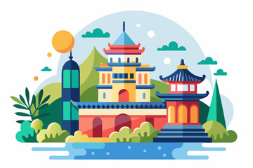 Colorful Illustration of Two Pagoda-Like Structures Surrounded by Lush Green Landscape