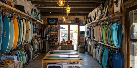 Surfboard shop with many colorful boards.