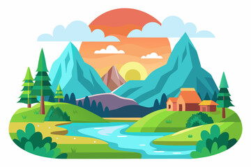 Idyllic Mountain Landscape with Sunset, Winding River, and Houses