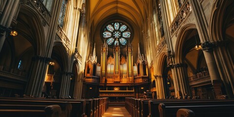 Ornate church interior with stained glass window and organ.
