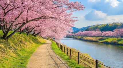 Scenic Pathway Through Cherry Blossom Trees