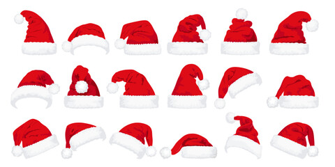 Set of red Christmas Santa Claus hats isolated on white background. Hand drawn simple Santa hats.