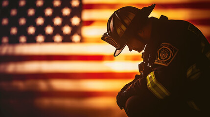 Silhouette of firefighter bowing head in front of American flag, symbol of service and dedication