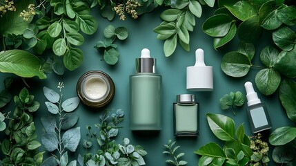 A stylish arrangement of skincare products alongside green plant leaves depicting a serene beauty routine : Generative AI