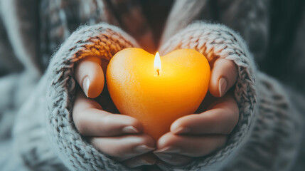 Person in cozy scarf holding glowing yellow heart-shaped candle, world kindness day