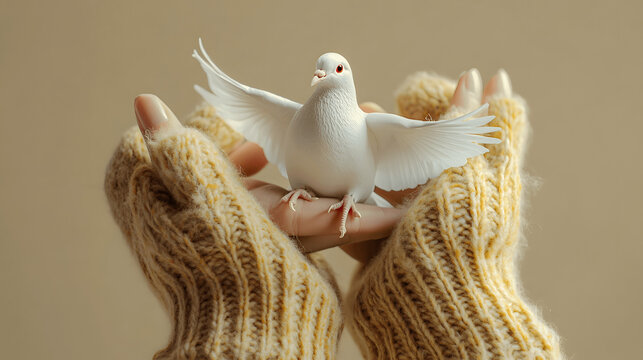Hands in woolen gloves cradling white dove ornament, world peace day - Powered by Adobe