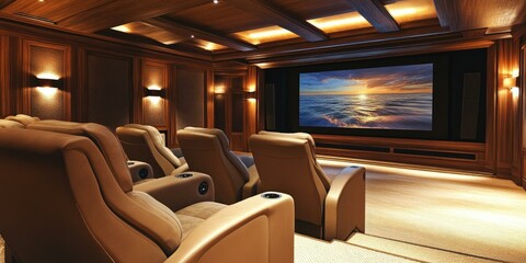 Home theater with plush seats and a sunset screen.