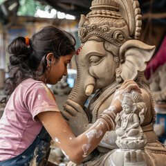 Obraz premium female sculptor making lord ganesha sculpture