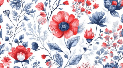 Blue and Red Floral Seamless Pattern, floral , seamless , pattern , wallpaper