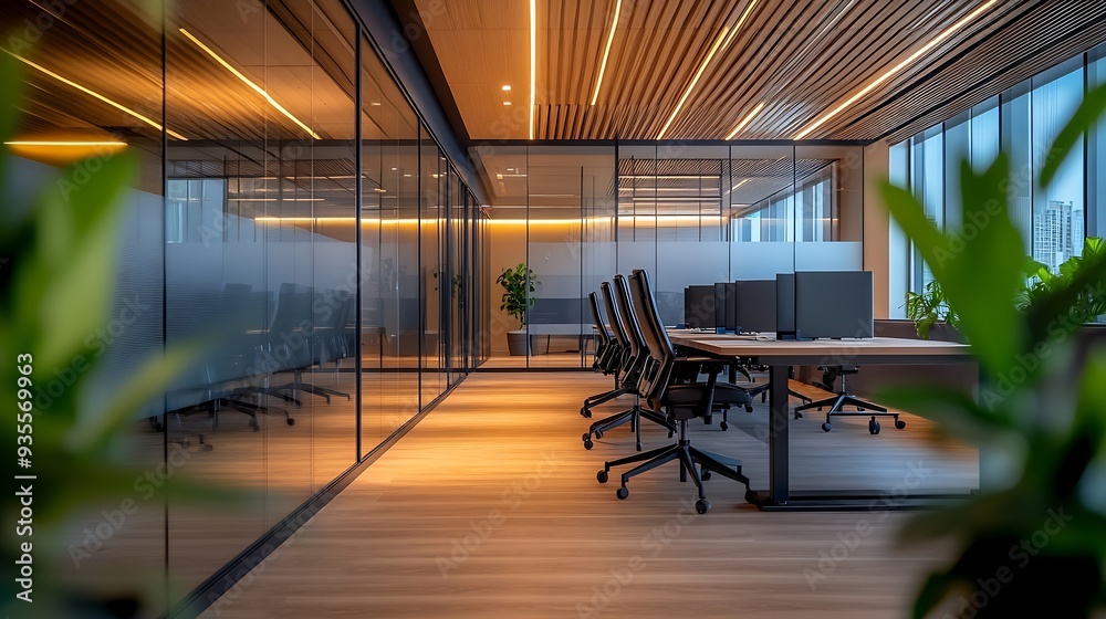 Aufkleber a modern office space featuring sleek design with horizontal lines on the ceiling glass partitions a