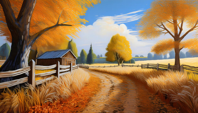 The epitome of autumn in a textured,tactile Painting style-countryside & winding road-fields,trees,fences,
