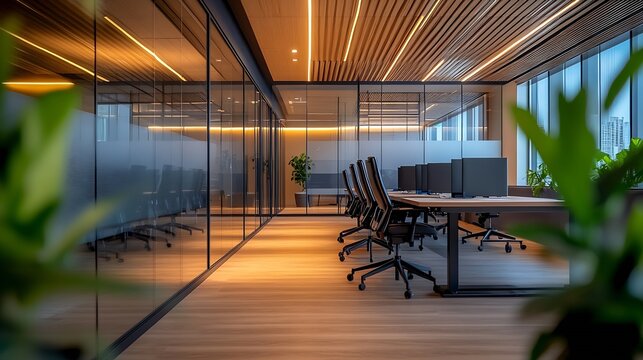 A modern office space featuring sleek design with horizontal lines on the ceiling glass partitions and a welllit conference area with dark chairs : Generative AI - Powered by Adobe