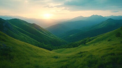 Obraz premium Panoramic view of the green mountains at sunset Gumbashi Pass in North Caucasus Russia Summer landscape : Generative AI