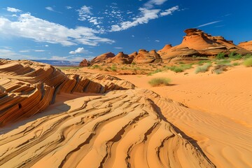 Fototapeta premium Arid sandstone canyon in Zion National Park, Utah, USA, offers scenic views of red rock formations against a blue sky