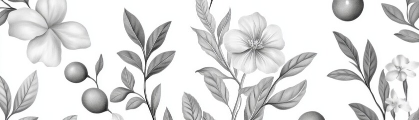 Botanical Pencil Sketch Flowers, Leaves, and Fruit, pencil drawing, monochrome, floral, botanical art