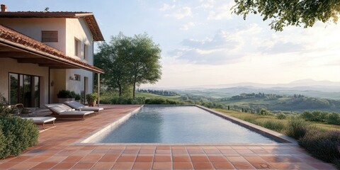 Obraz premium A house with a pool overlooking a valley.