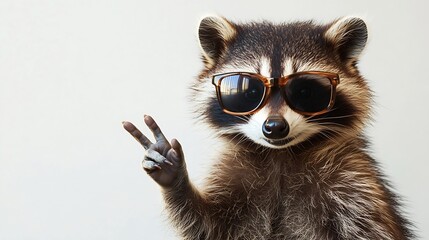 Portrait of a funny raccoon in sunglasses showing a sign peace isolated on white background : Generative AI