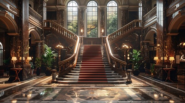 Opulent Hotel Lobby with Lavish Decor and Majestic Staircase