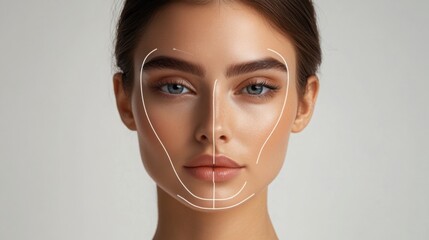 A model poses in a well-lit studio, showcasing her facial features highlighted with symmetry lines for analysis.