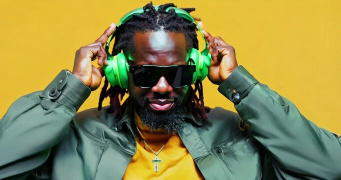 Afro man listens to dynamic music on a bright background.