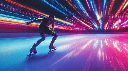 A skater dressed in neon-lit attire speeds across the ice in a dynamic, futuristic environment, with vibrant
