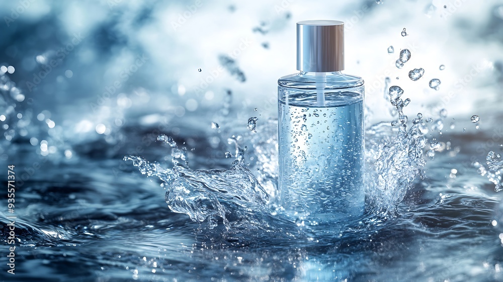 Poster serum bottle in water with splashes and waves : generative ai