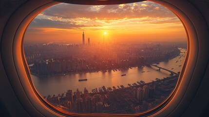 Fototapeta premium Urban Escape - City Skyline View through Plane Window Paper Cutout