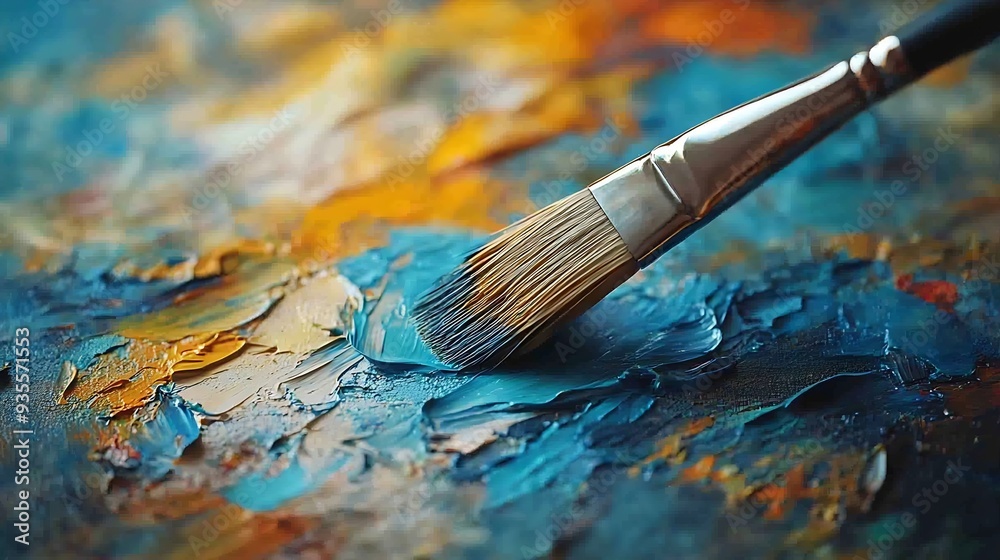 Poster Abstract artistic painting on canvas Brush and colors on the table : Generative AI