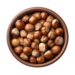 Obraz premium wooden bowl with whole hazelnuts isolated on white or transparent background, top view, clipping path, cut out, png