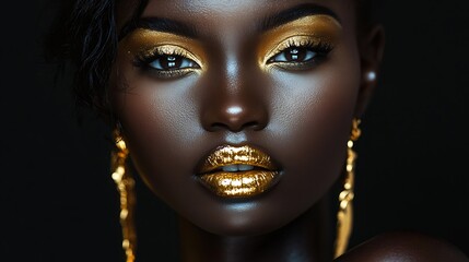 Art portrait african woman fashion model on black background gold luxury accessories bijouterie jewelry bracelet earrings Beautiful face sexy girl metallic golden professional makeup s : Generative AI