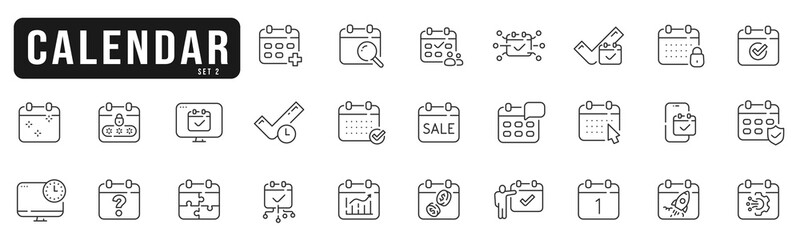 Calendar line icon set 2. Date, event, month, day, agenda, clock etc. Editable stroke