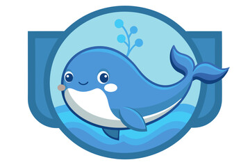 Obraz premium Cartoon Blue Whale in a Circular Frame with Wavy Ocean