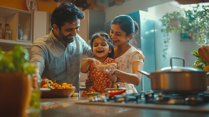 Joyful Indian father mother and kid dancing together at kitchen while cooking during weekend holidays  concept of family bonding entertainment and lively family : Generative AI