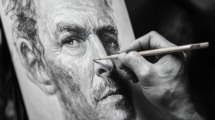 Obraz premium Closeup artist drawing pencil draft on canvas Designers hand sketching project Modern art creative profession : Generative AI