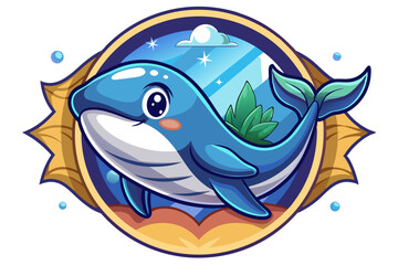 Cartoon Blue Whale with a Friendly Expression in an Oval Frame
