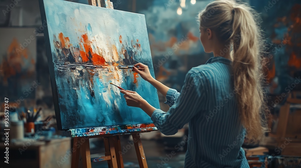 Poster talented female artist working on a modern abstract oil painting gesturing with broad strokes using 