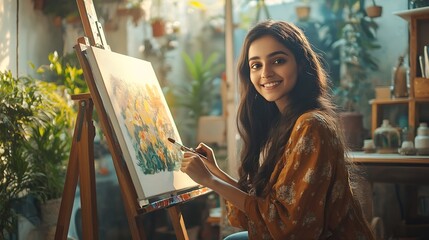 Cheerful Indian young artist girl painting picture at easel in living room : Generative AI