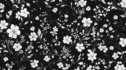Floral Sketch Black and White Floral Pattern, Seamless, Monochrome, Hand Drawn, Botanical,