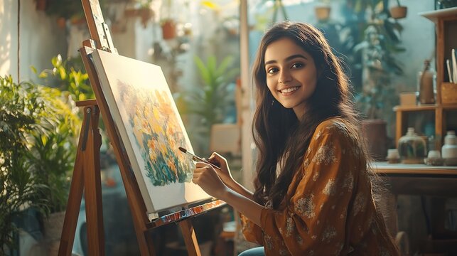 Cheerful Indian young artist girl painting picture at easel in living room : Generative AI