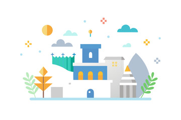Fototapeta premium Abstract illustration of a town with a blue building and a mountain