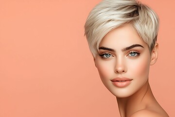 Naklejka premium Close-up portrait of a young woman with porcelain skin and short blonde hair, set against a soft peach background, minimalist style, copy space for text,