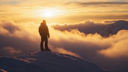 Obraz premium Silhouette of a Man on a Mountain Peak at Sunset