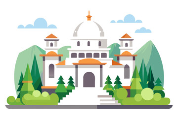 Obraz premium A White Building with Orange Roofs Surrounded by Mountains, Trees, and Bushes